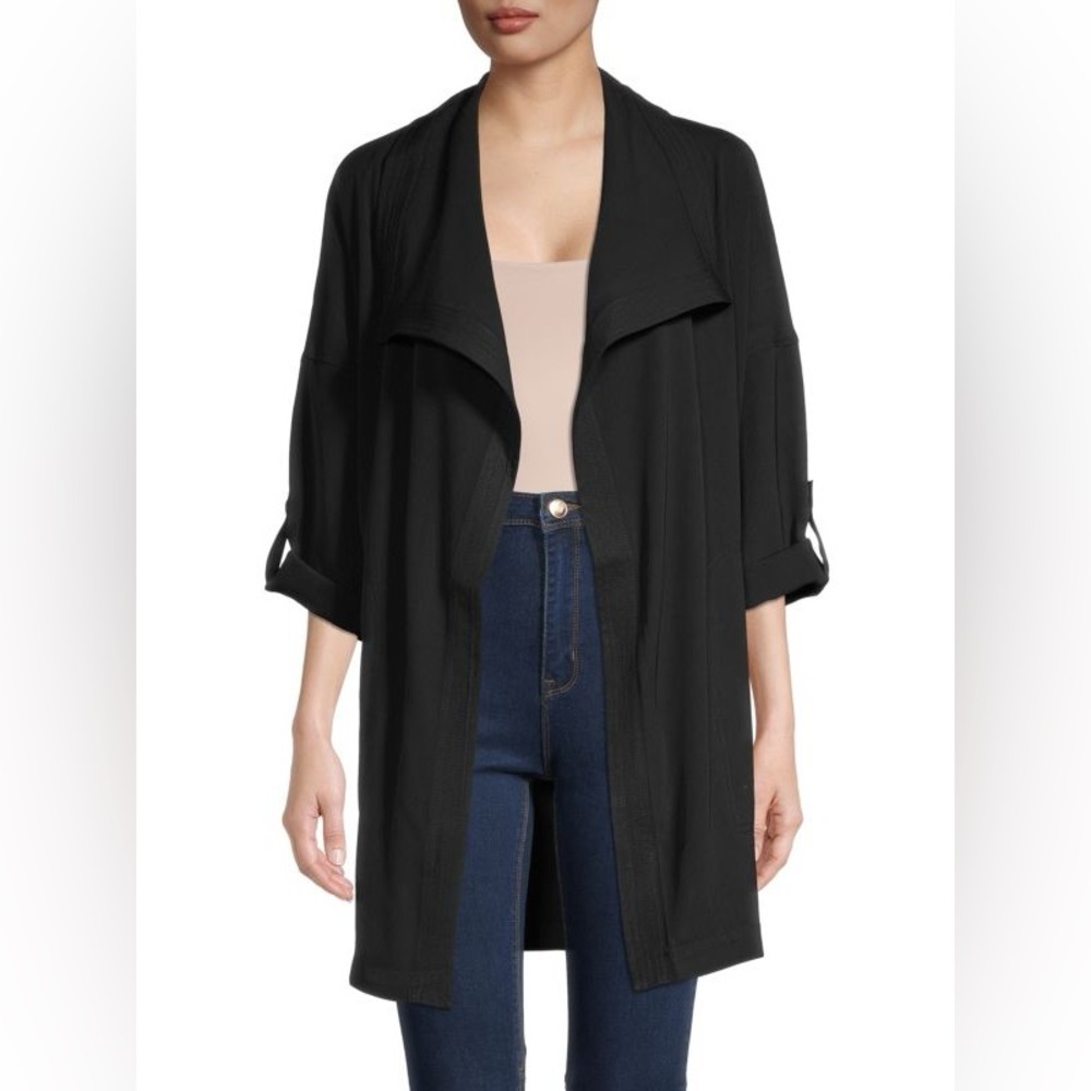 MAX STUDIO Open Front Draped Long Twill Coat in B… - image 1